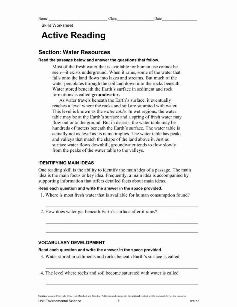 Science Skills Worksheet Answer Key Lovely Holt Environmental Science Skills Worksheet Active Reading