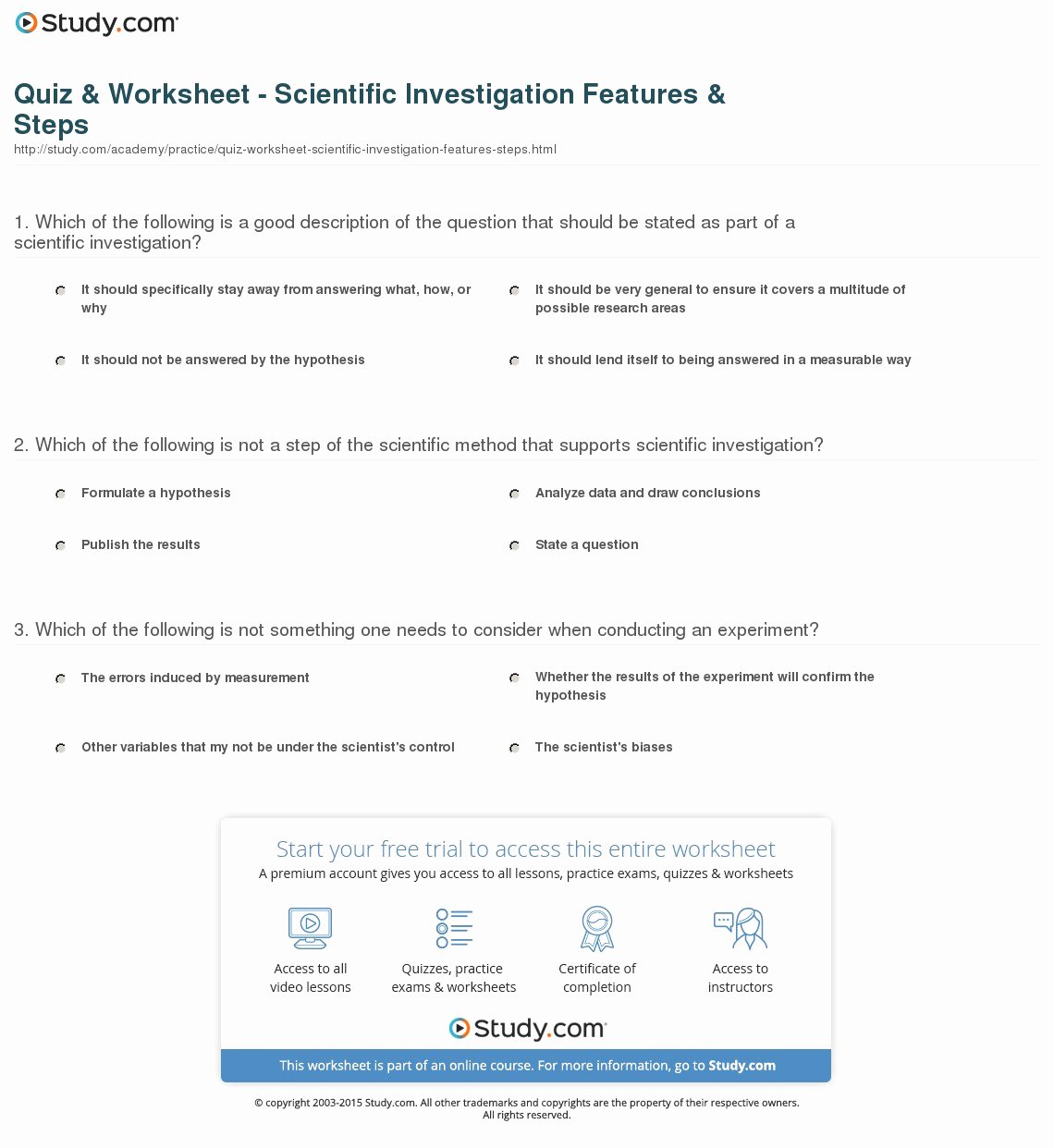 Scientific Method Examples Worksheet Awesome Quiz &amp; Worksheet Scientific Investigation Features