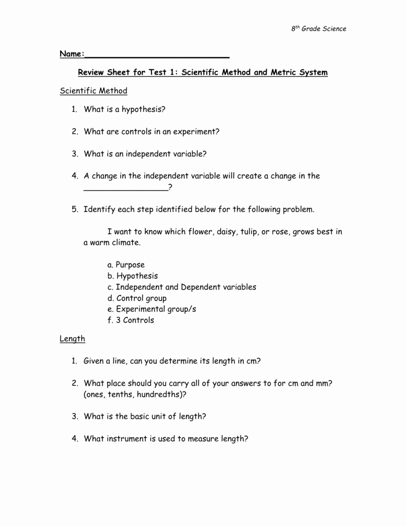 Scientific Method Review Worksheet Answers Unique Review Sheet for Test 1 Scientific Method and Metric System