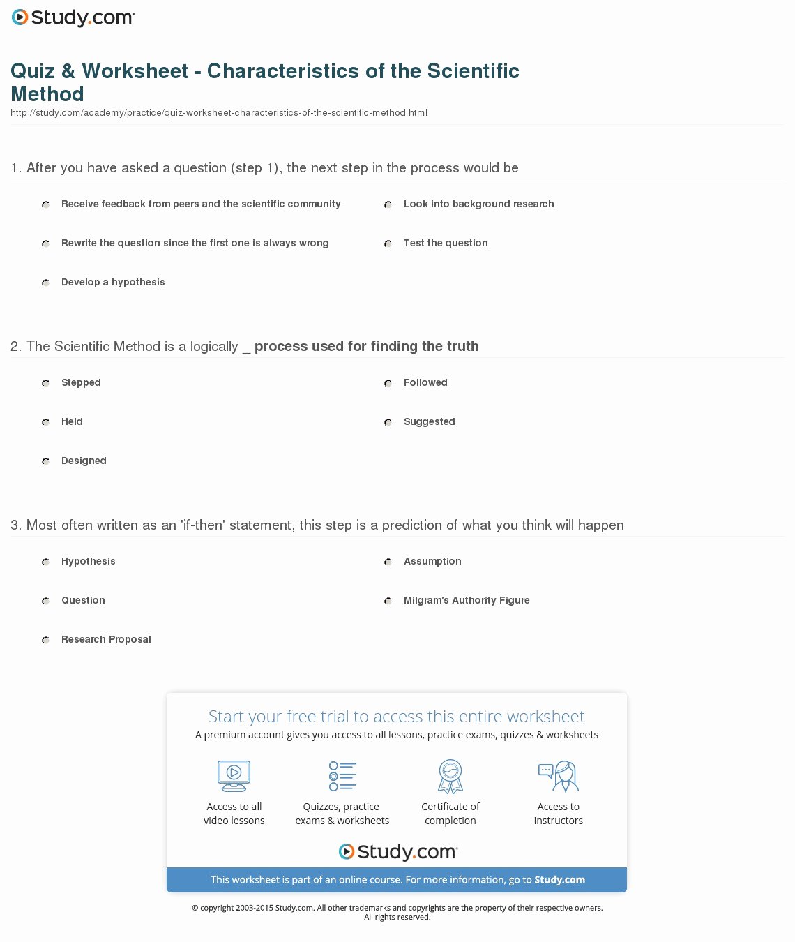 Scientific Method Steps Worksheet Luxury Quiz &amp; Worksheet Characteristics Of the Scientific