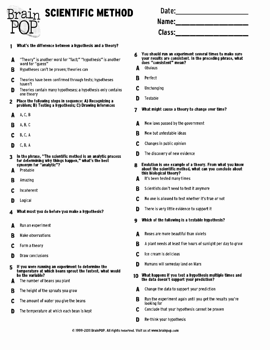 Scientific Method Worksheet 5th Grade New Brainpop Scientific Method Quiz Scribd