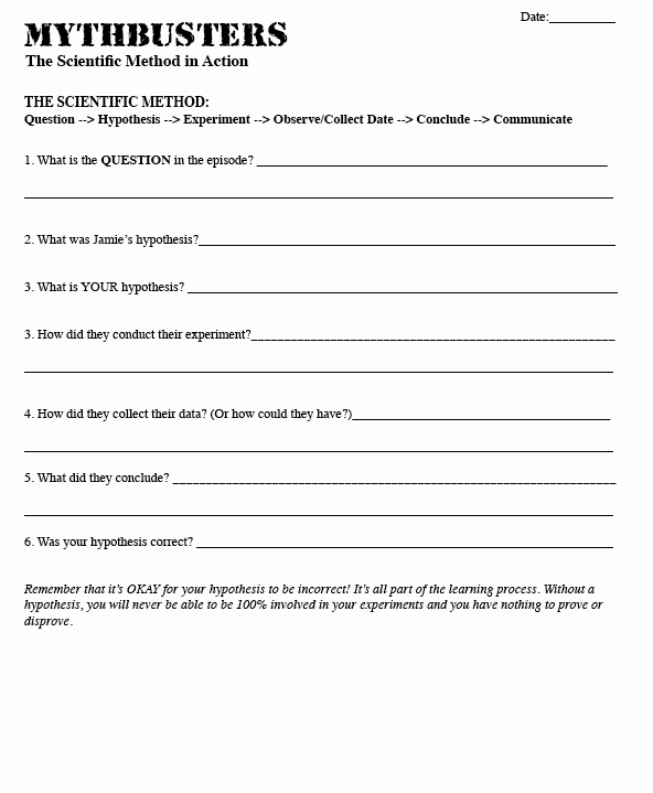 Scientific Method Worksheet Middle School Awesome Mythbusters Scientific Method Worksheet