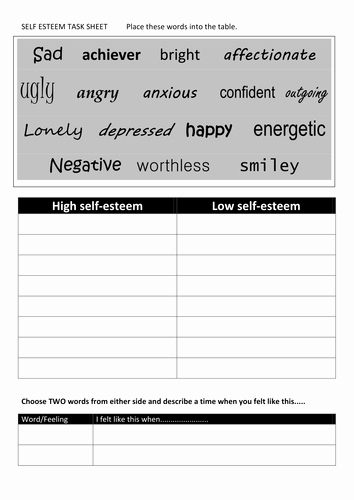 Self Esteem Worksheet for Adults Fresh Self Esteem Starter Activity Worksheet by Lesley1264