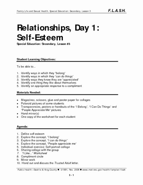 Self Esteem Worksheet for Adults Luxury Relationships Day 1 Self Esteem Lesson Plan