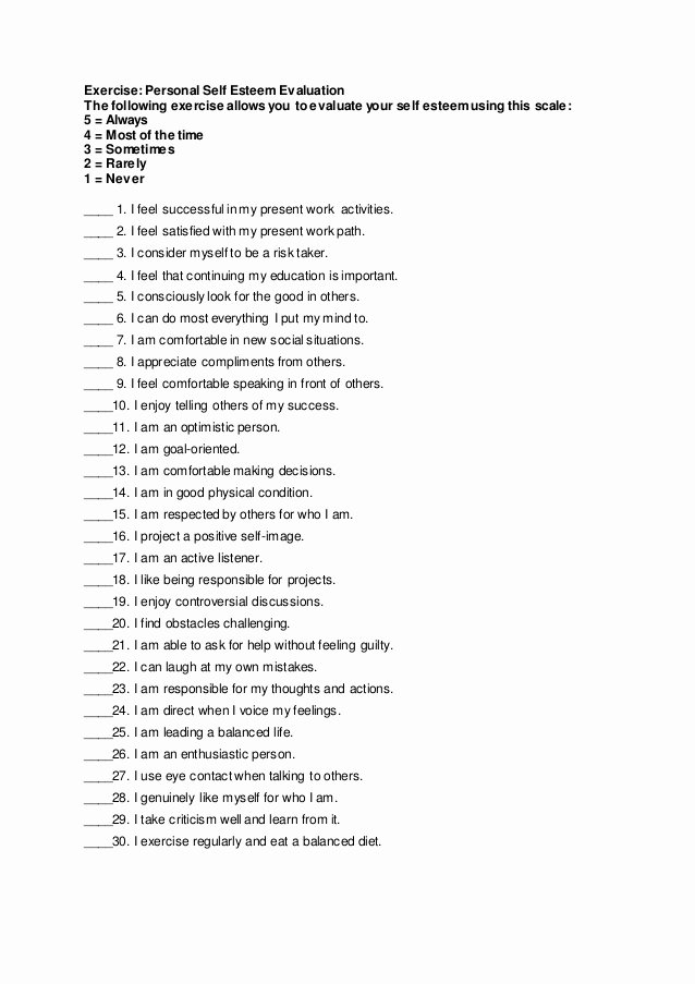 Self Esteem Worksheet for Adults Unique Self Esteem Questionnaire Worksheet