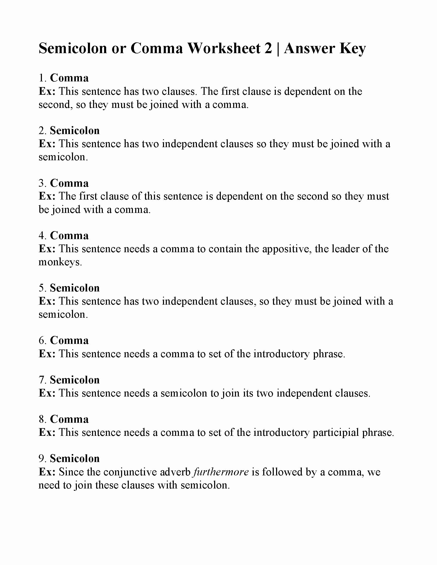 Semicolon and Colon Worksheet Beautiful Mas or Semicolons Worksheet 2