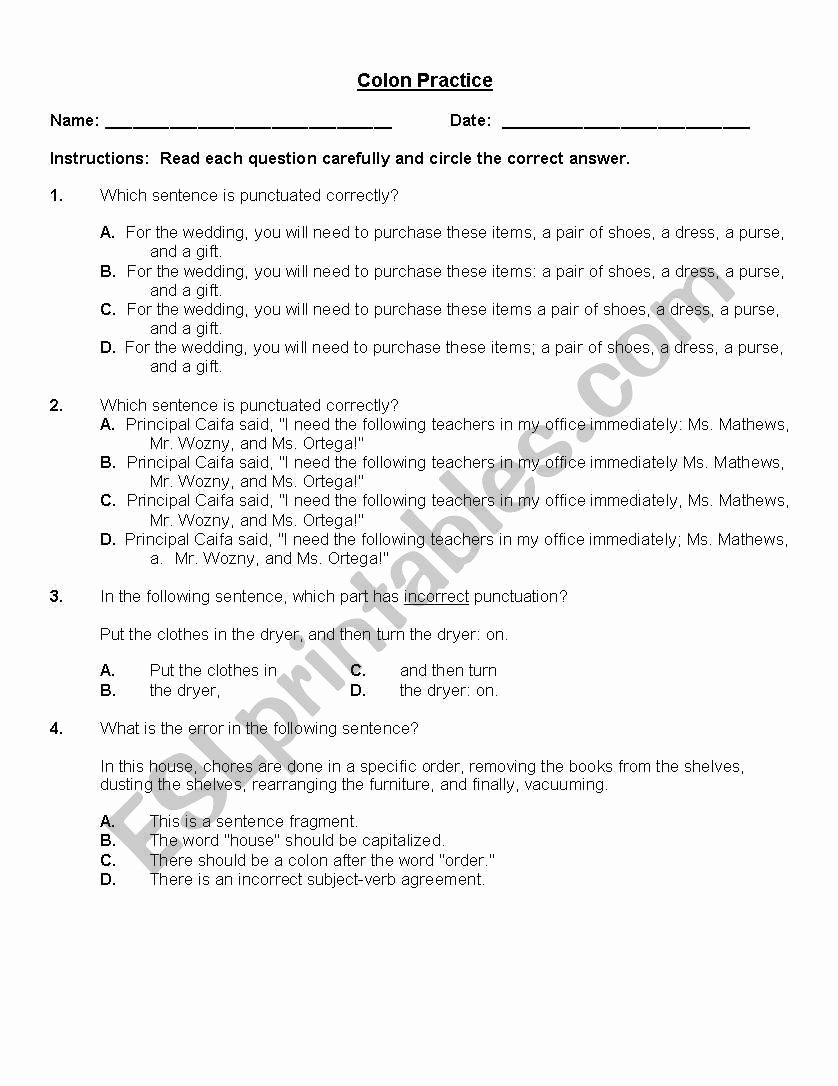 Semicolon and Colon Worksheet Best Of Colon and Semicolon Practice Esl Worksheet by Janeenn