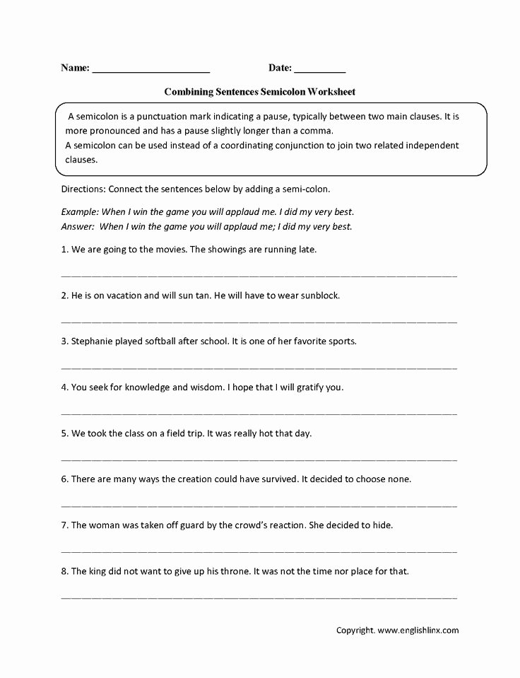 Semicolons and Colons Worksheet Fresh Bining Sentences Semicolon Worksheets