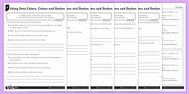 Semicolons and Colons Worksheet New Using Semi Colons Colons and Dashes Differentiated