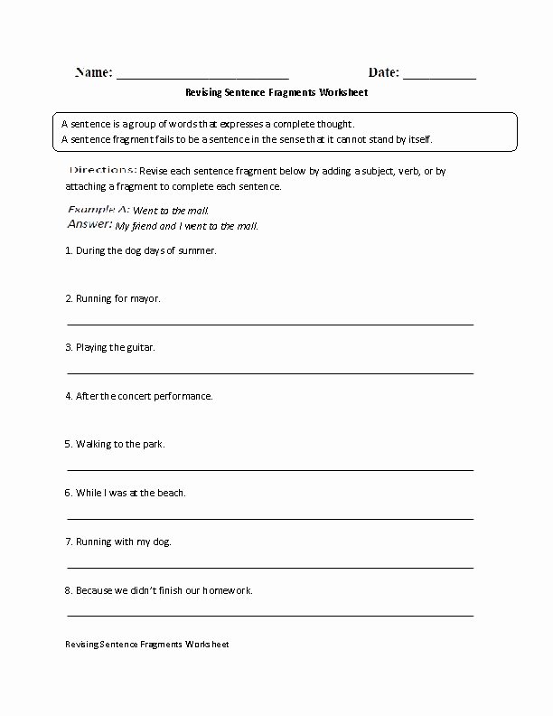 Sentence or Fragment Worksheet Best Of Revising Sentence Fragments Worksheet