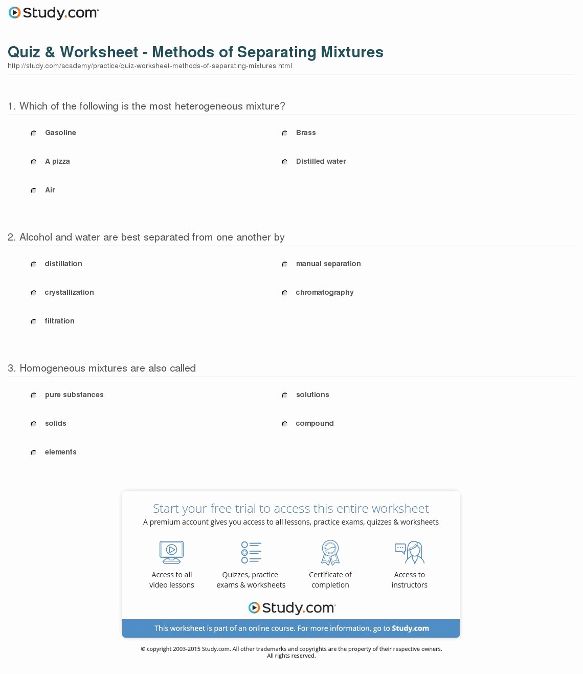 Separation Of Mixtures Worksheet Beautiful Quiz &amp; Worksheet Methods Of Separating Mixtures