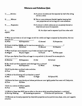 Separation Of Mixtures Worksheet New Mixtures and solutions Quiz 3rd 5th Grade by Teaching
