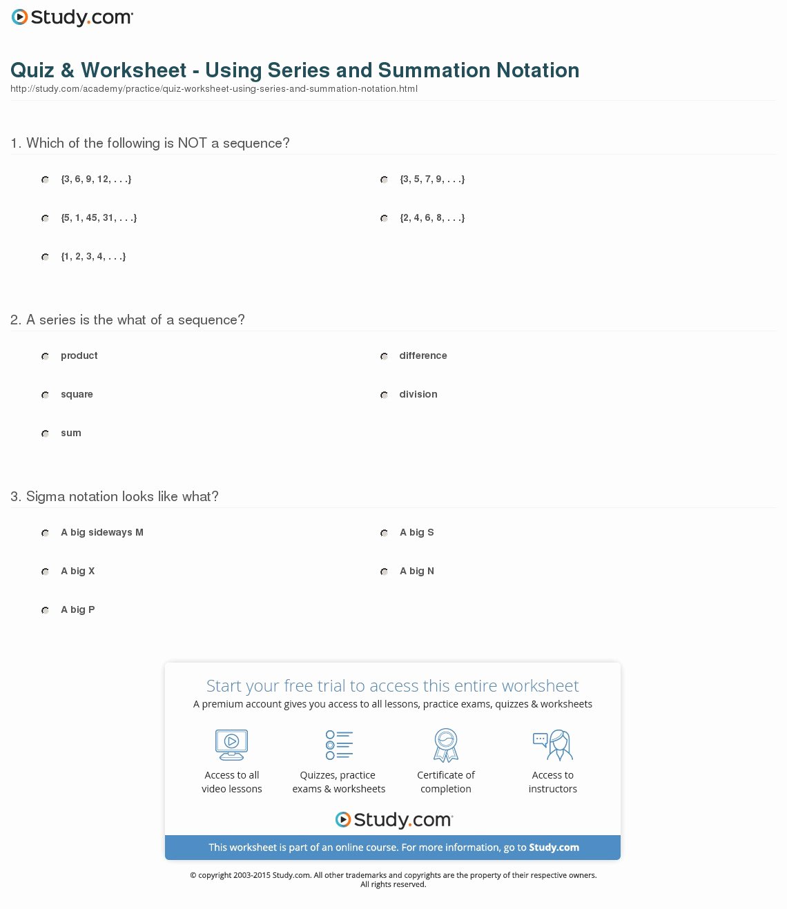 Sequence and Series Worksheet Elegant Quiz &amp; Worksheet Using Series and Summation Notation