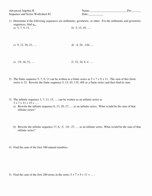 Sequence and Series Worksheet Luxury Sequence and Series Worksheet 2 Date 1 Determine I