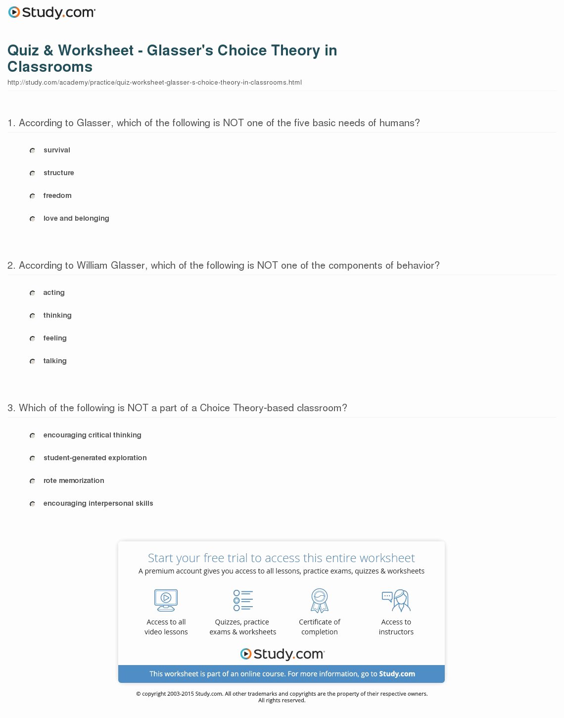 Sequence Of Transformations Worksheet Awesome Quiz &amp; Worksheet Glasser S Choice theory In Classrooms