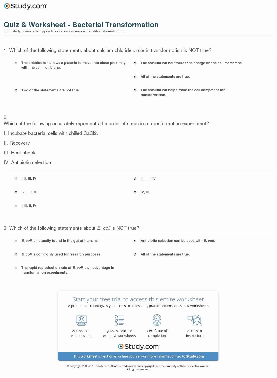 Sequence Of Transformations Worksheet Luxury Quiz &amp; Worksheet Bacterial Transformation