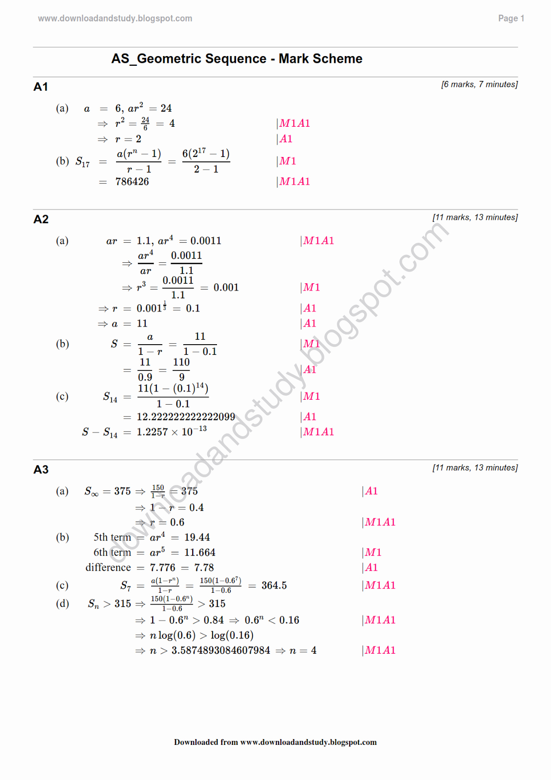 Sequences and Series Worksheet Answers Unique Download &amp; Study solution to as Maths Geometric Sequence
