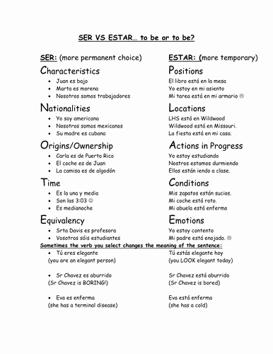 Ser and Estar Worksheet New Ser Vs Estar Notes Examples 100 Practice Sentences by