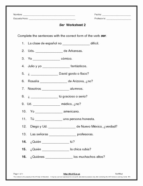 Ser and Estar Worksheet Unique Ser Worksheet 2 Worksheet for 6th 8th Grade