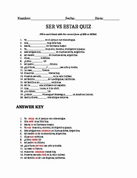 Ser Estar Worksheet Answers Awesome Ser Vs Estar Quiz Spanish 1 with Answer Key by Espanol Es