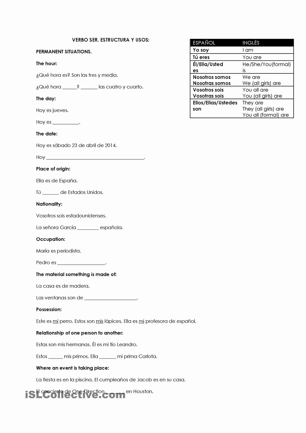 50 Ser Estar Worksheet Answers
