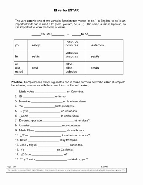 Ser Estar Worksheet Answers Elegant El Verbo Estar Worksheet for 6th 8th Grade