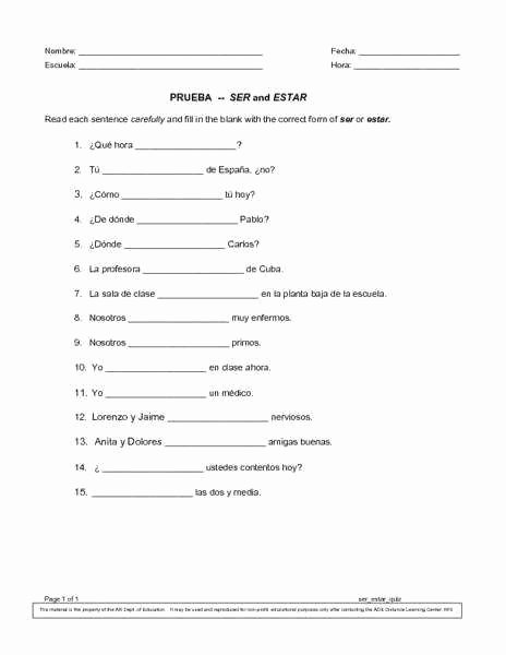 Ser Estar Worksheet Answers Elegant Ser and Estar Worksheet