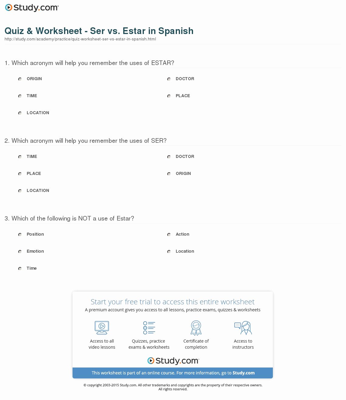 Ser Estar Worksheet Answers Unique Quiz &amp; Worksheet Ser Vs Estar In Spanish