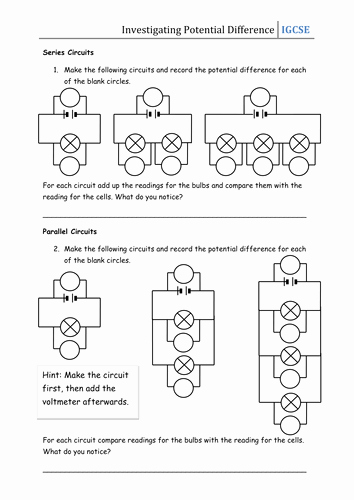 Series and Parallel Circuits Worksheet Fresh Worksheet Investigating Potential Difference by Csnewin