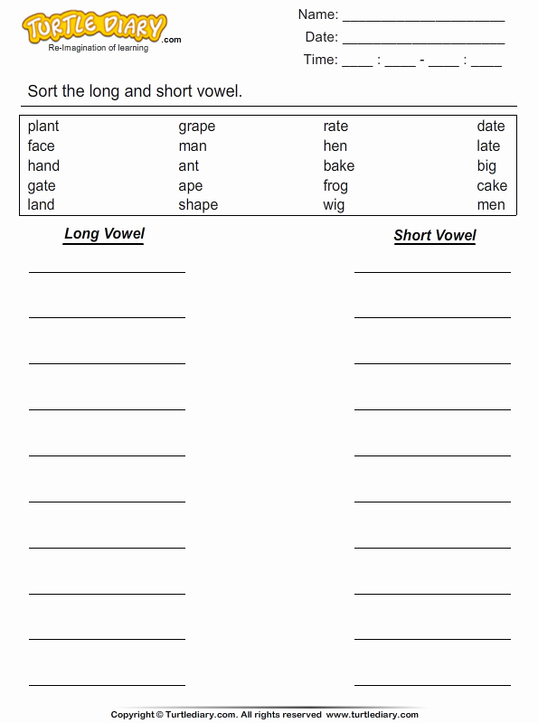 Short and Long Vowels Worksheet Luxury Long and Short Vowel Word sort Worksheet Turtle Diary
