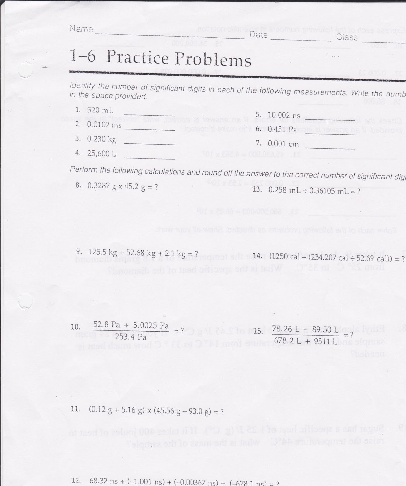 Sig Figs Worksheet with Answers New Chemistry Due Fri Oct 7 Sig Figs Worksheet