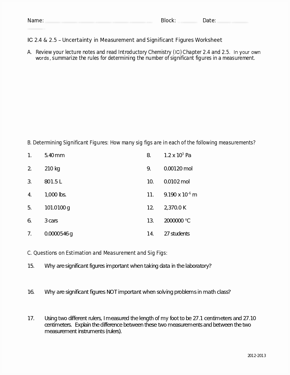Sig Figs Worksheet with Answers Unique Worksheet Significant Figures Problems 2012 2013 Name