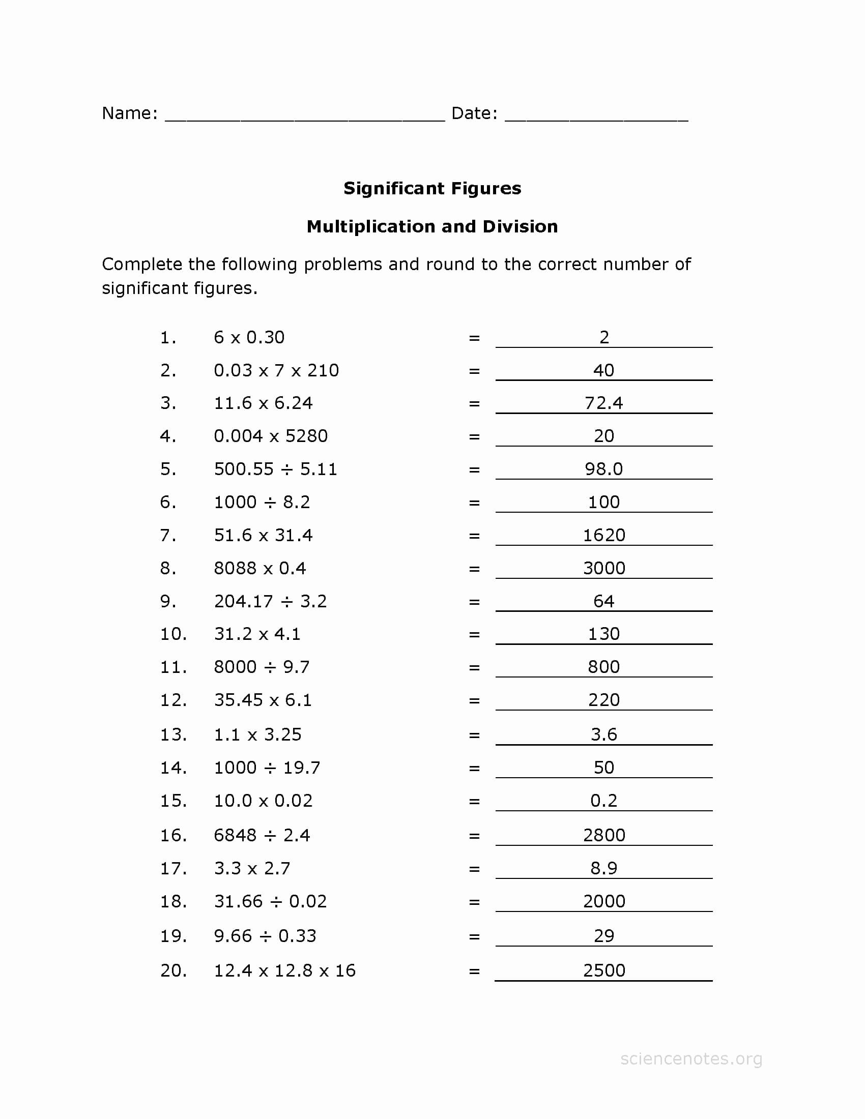 Significant Figures Worksheet Answers Elegant Significant Figures Multiplication Worksheet Page 2 Of 2