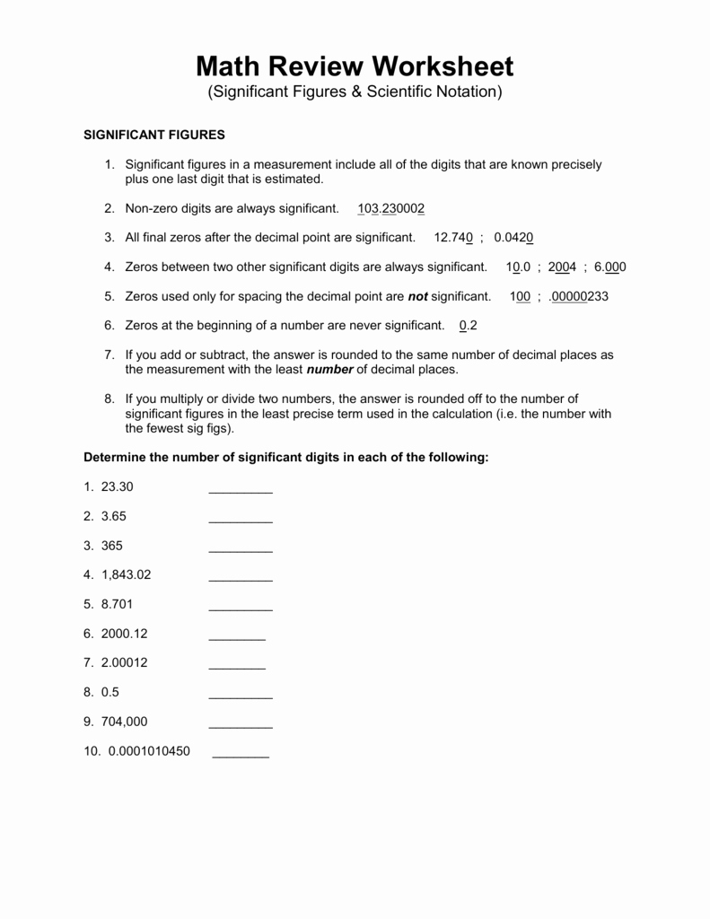 Significant Figures Worksheet Answers Lovely Significant Figures and Scientific Notation Review