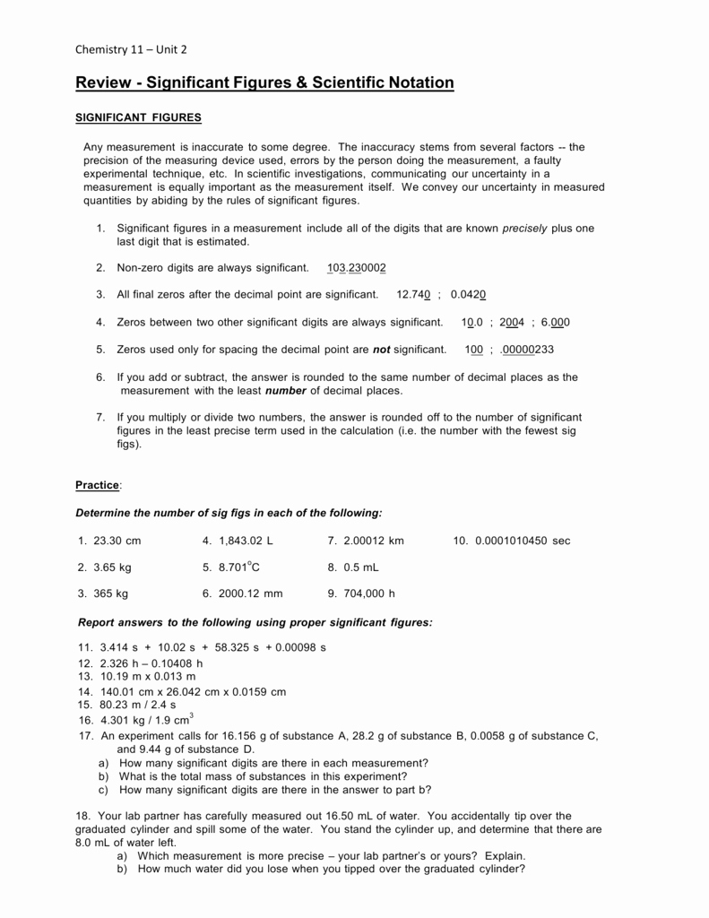 Significant Figures Worksheet Chemistry Elegant Scientific Notation &amp; Sig Figs Worksheet