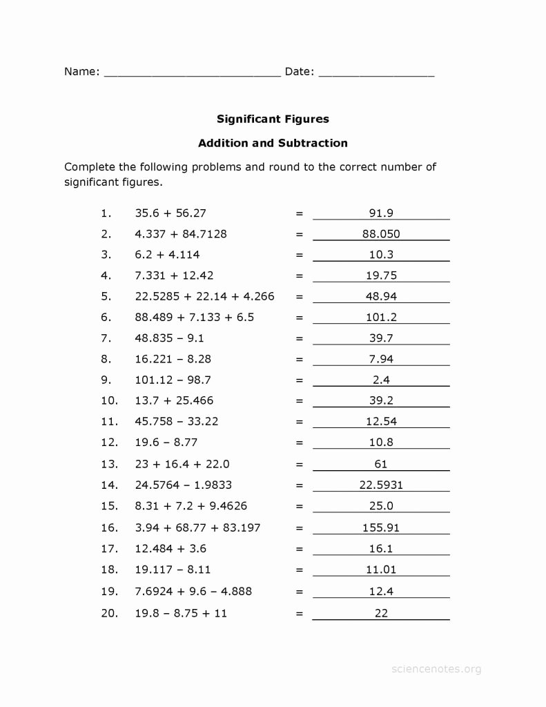 Significant Figures Worksheet Chemistry Fresh Significant Figures Worksheet Pdf Addition Practice
