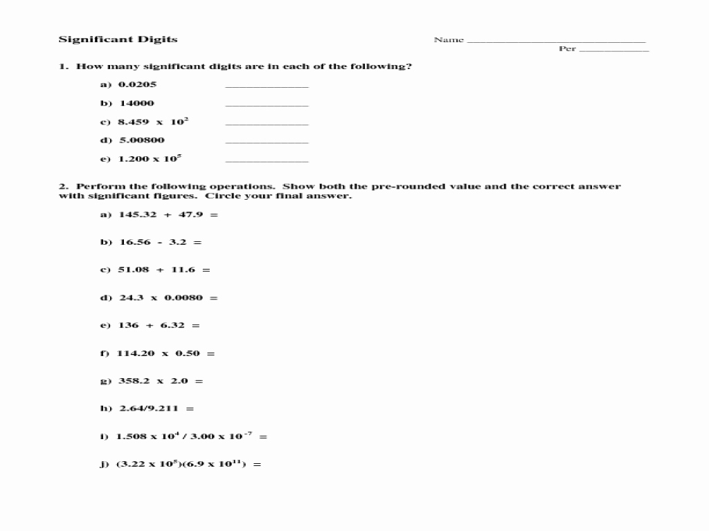 Significant Figures Worksheet with Answers Elegant Calculations Involving Significant Figures Worksheet for