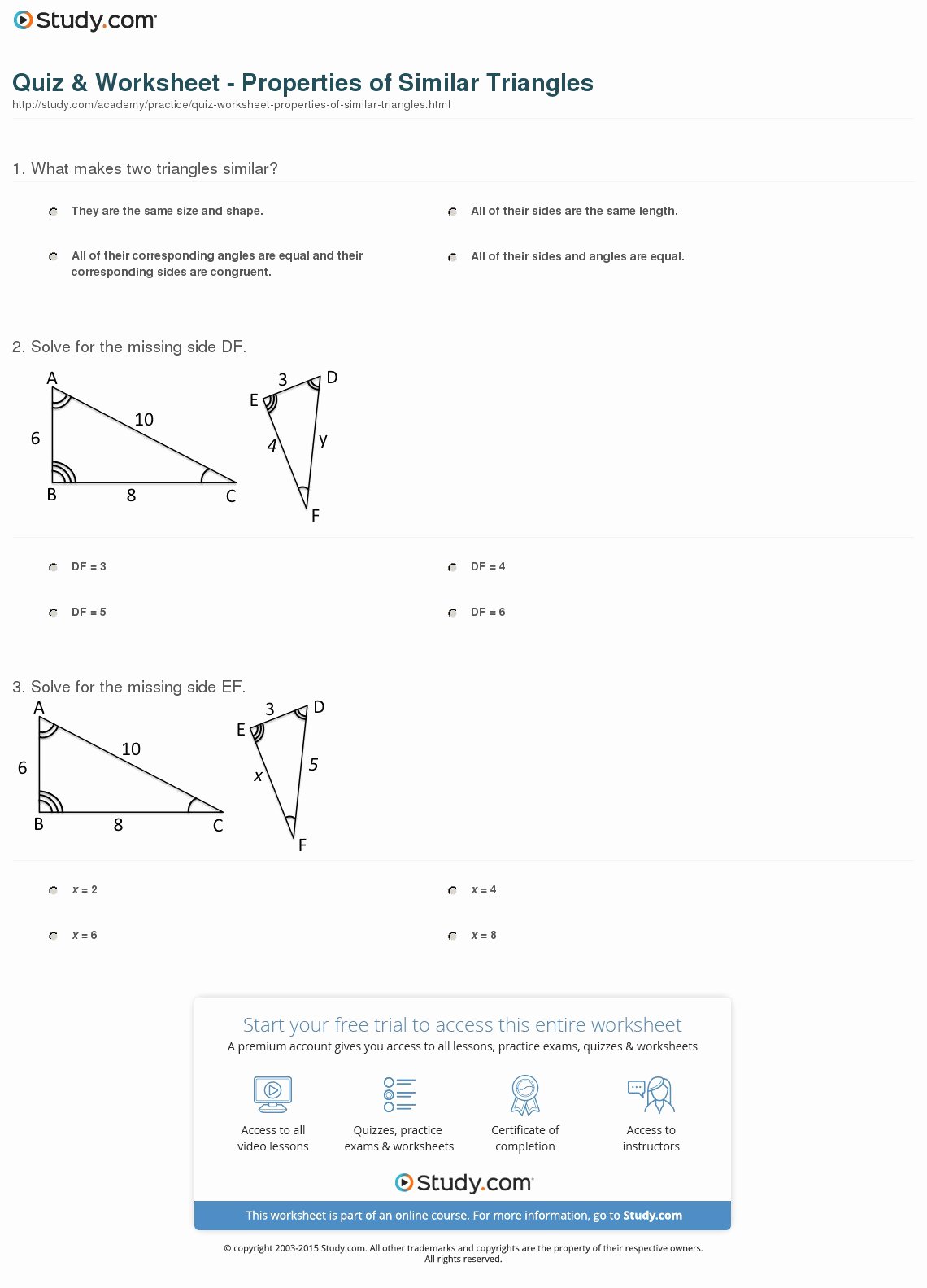 Similar Polygons Worksheet Answers Beautiful Quiz &amp; Worksheet Properties Of Similar Triangles