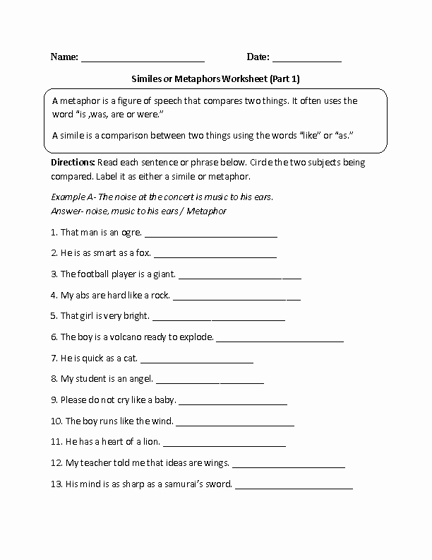 Simile and Metaphor Worksheet Elegant 13 Best Of Metaphors and Similes Worksheets 5th