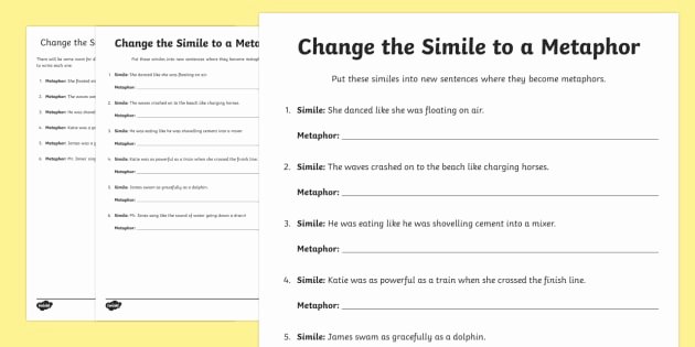 Simile and Metaphor Worksheet Unique Change the Simile to A Metaphor Worksheet Worksheet