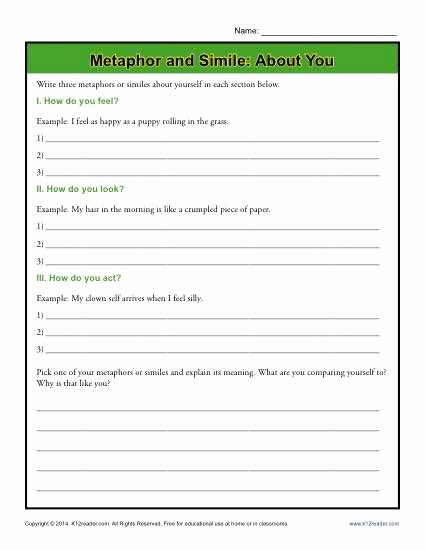Simile and Metaphor Worksheet Unique Metaphor and Simile About You Education