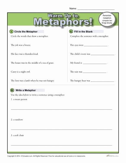 Simile and Metaphor Worksheet Unique Metaphors Warm Up Activity