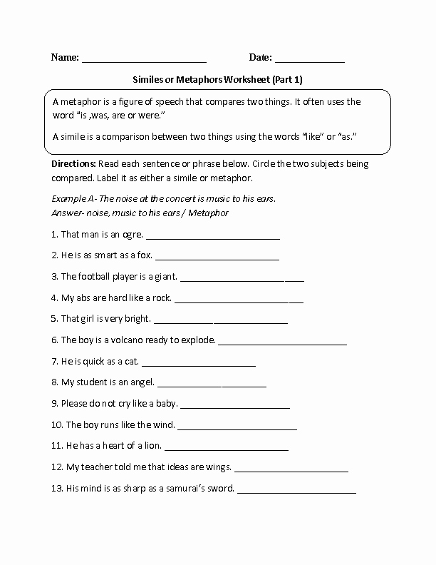 50 Simile Metaphor Personification Worksheet