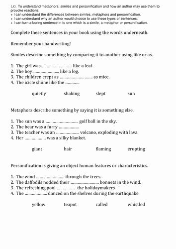 Simile Metaphor Personification Worksheet Elegant Similes Metaphors and Personification Sheets by Miss N