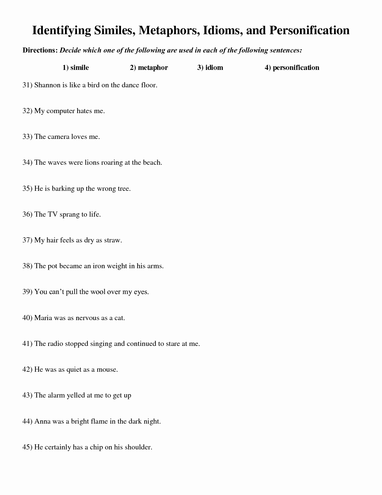 Simile Metaphor Personification Worksheet New 11 Best Of Simile and Metaphor Worksheets Printable
