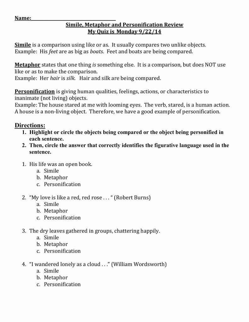 Simile Metaphor Personification Worksheet New Simile Metaphor and Personification Worksheet