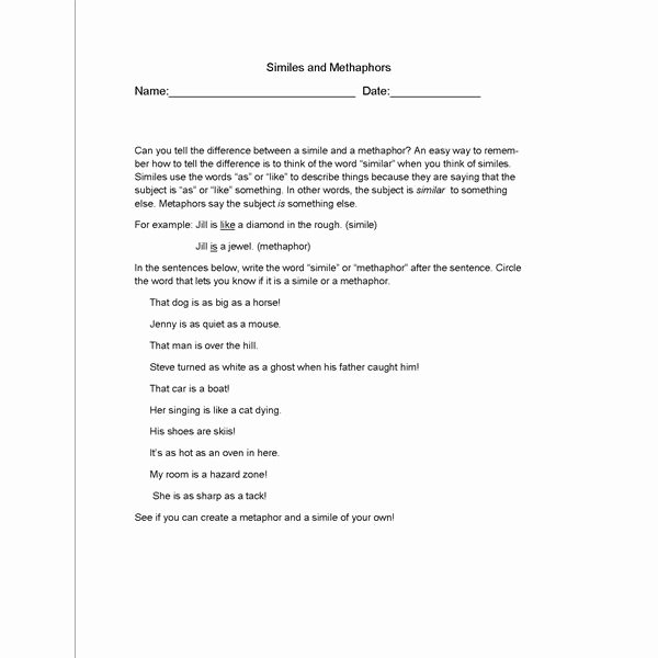 Similes and Metaphors Worksheet Awesome the Difference Between Similes and Metaphors
