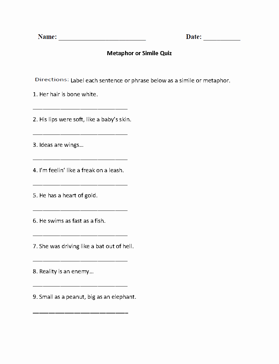 Similes and Metaphors Worksheet Beautiful Metaphor or Simile Quiz Worksheet