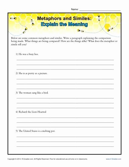 Similes and Metaphors Worksheet Lovely Metaphors and Similes Explain the Meaning
