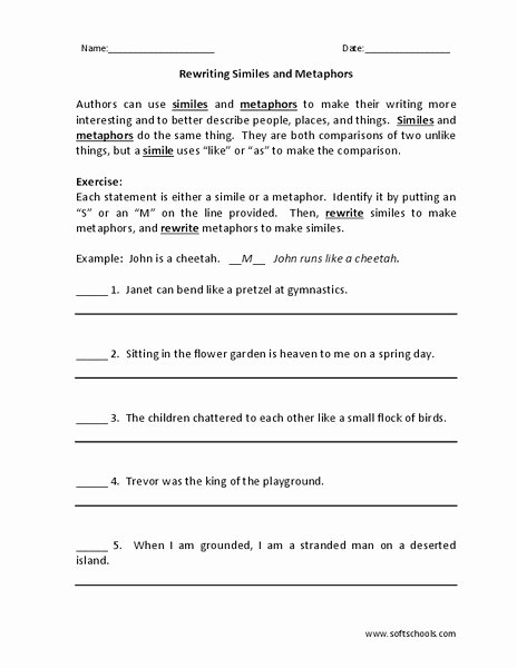 Similes and Metaphors Worksheet Lovely Rewriting Similes and Metaphors Worksheet for 4th 8th